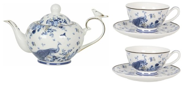 Clayre & Eef Teekanne mit 2 Teetassen blau 55467